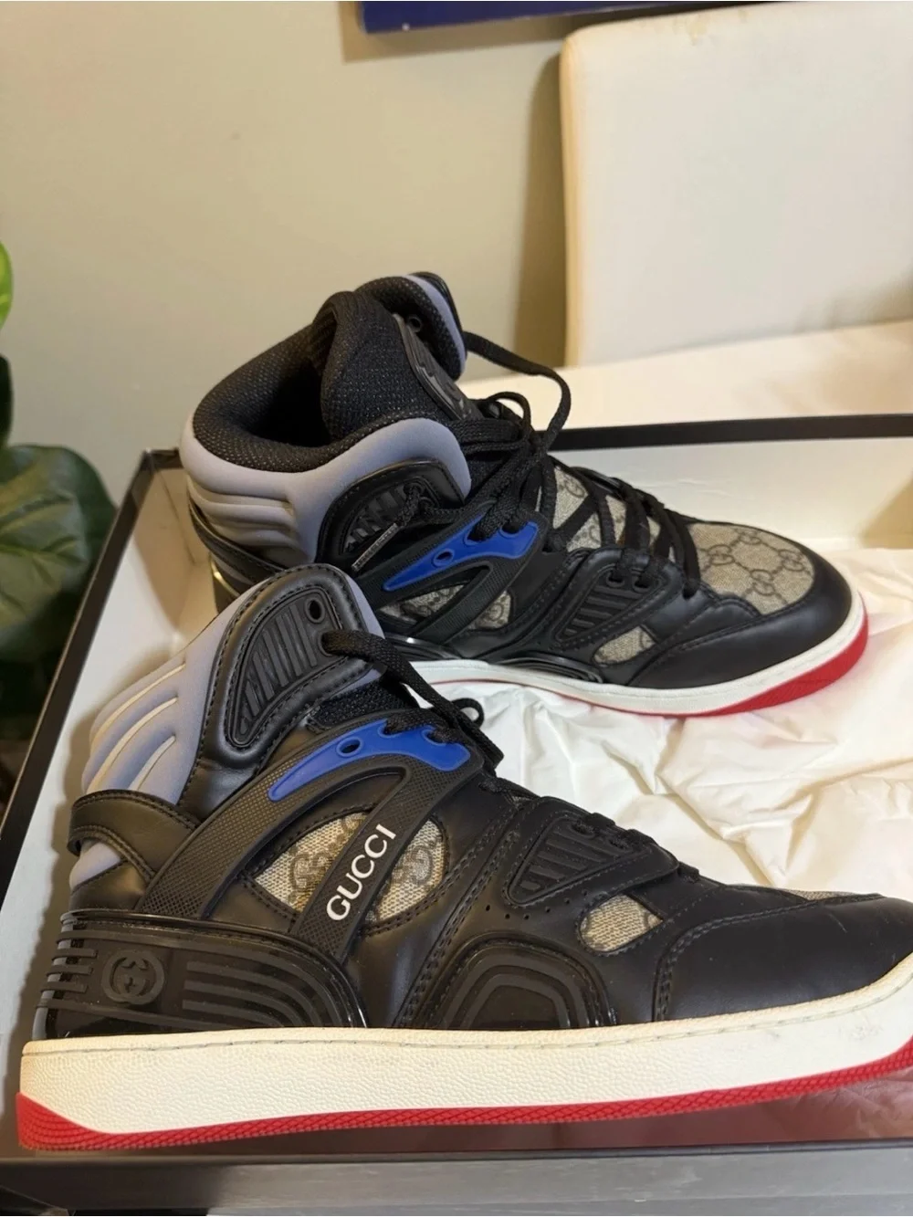 Gucci High-Top Sneakers in Black, Beige & Red with Blue Accents